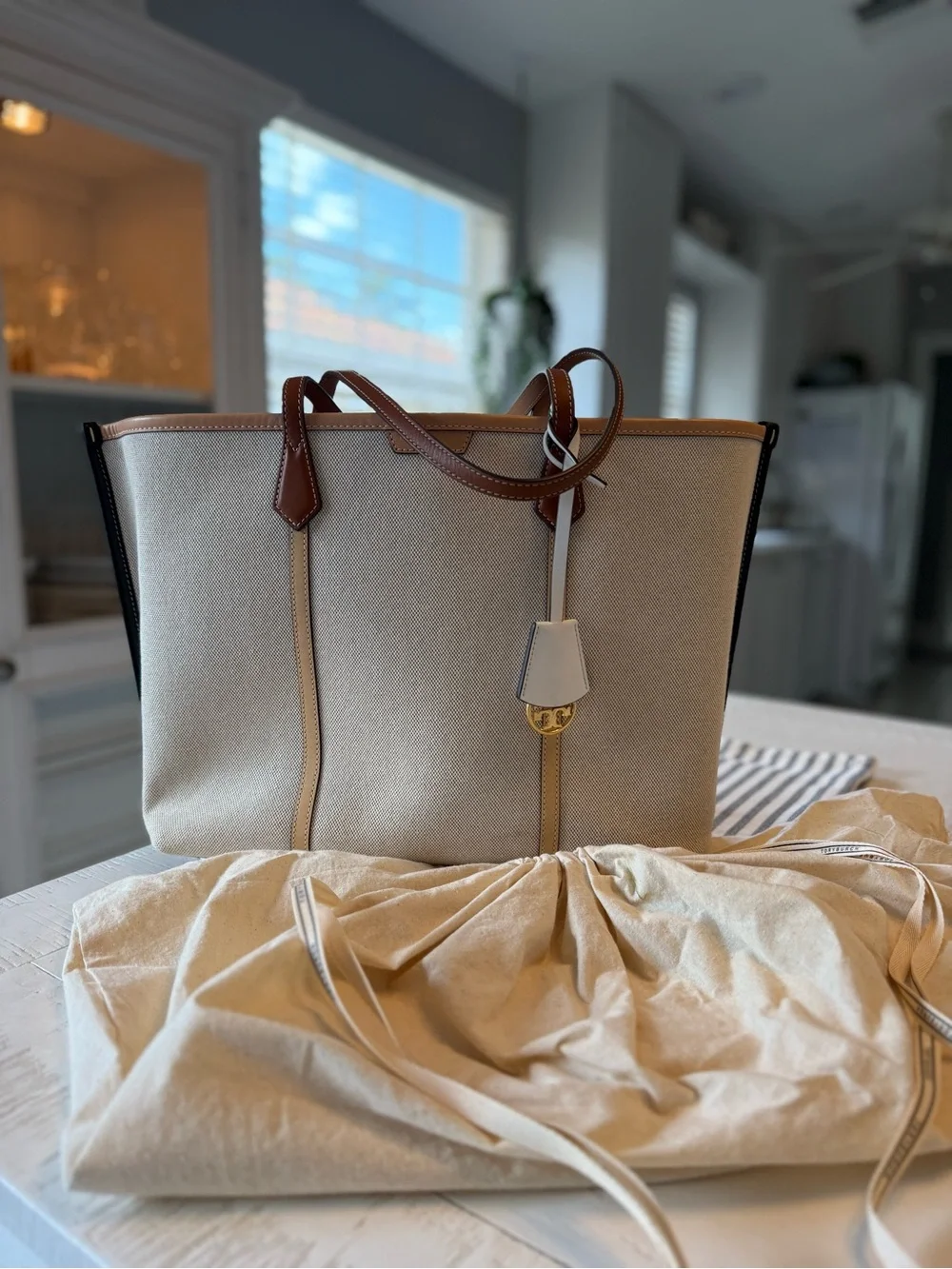 Tory Burch Cream Canvas Tote with Brown Leather Trim
